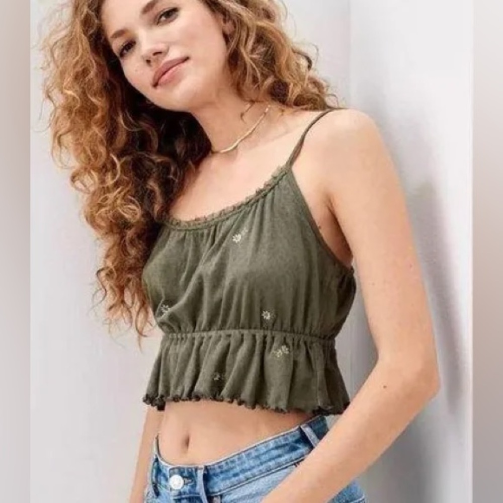 American Eagle Outfitters Olive Green Cropped Spaghetti Strap Camisole